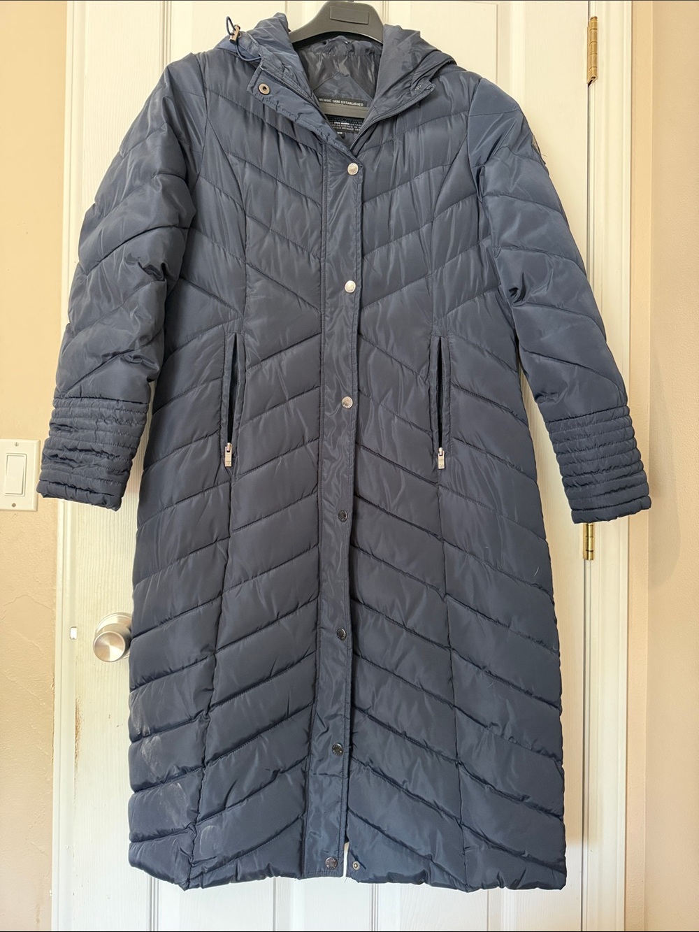 Steve Madden Medium Long Quilted Hooded Puffer Coat in Slate Blue